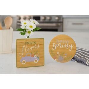 Vintage Bamboo Trivet Set Hello Spring Fresh Flowers Farmhouse Kitchen Decor